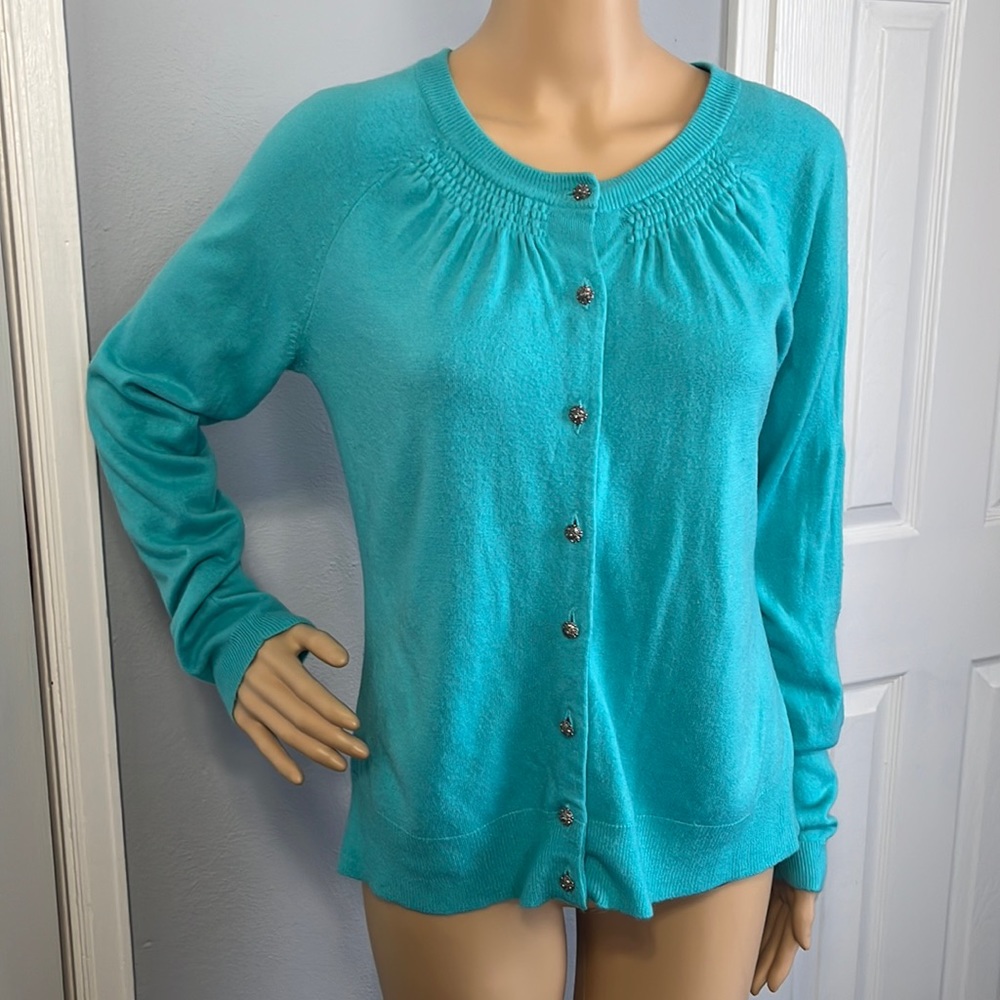 New York & Company Tiffany Blue Long Sleeve Cardigan